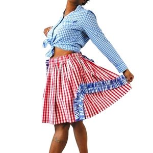 MSGM Milano Red, White Blue Gingham/Checkered Ruffled Skirt